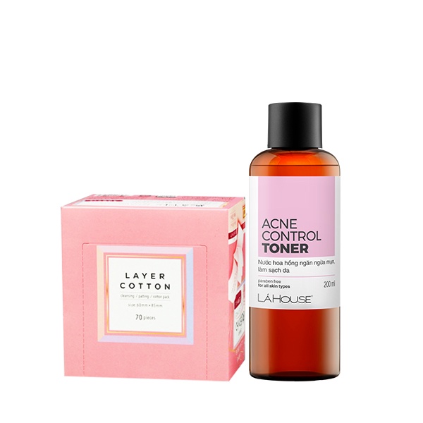 Bộ sản phẩm chăm sóc da LÁ HOUSE gồm Toner ngăn ngừa mụn Acne Control,Bông tẩy trang