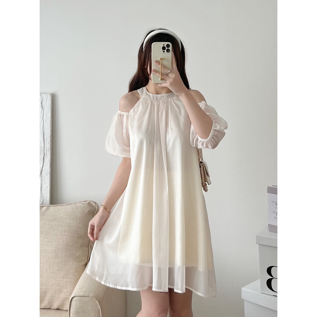 Váy cổ yếm LANIESTORE voan tơ hở vai trễ vai xinh xắn V004