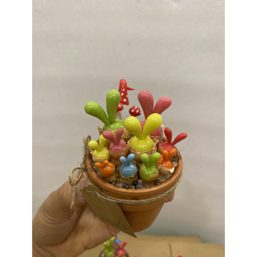 Chậu sen đá tai thỏ từ đất sét, Cây giả, Kèm hộp quà