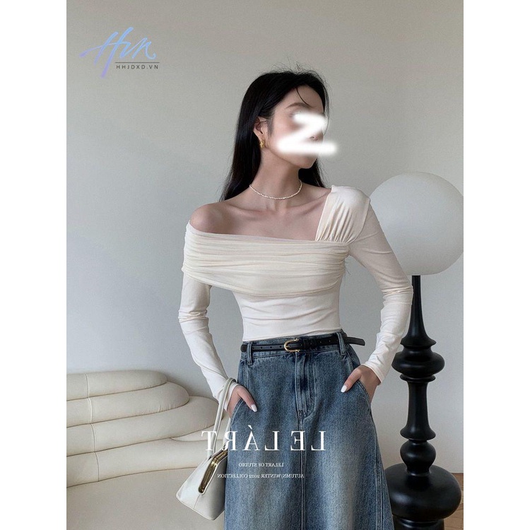 Áo Kiểu Trễ Vai Dáng Ôm Thời Trang Mùa Thu Phong Cách Pháp