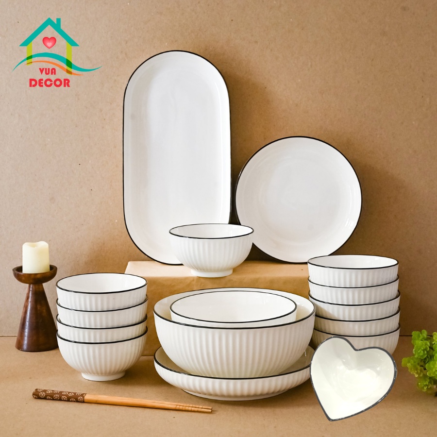Bộ Bát Đĩa Trắng Viền Đen Phong Cách Châu Âu Decor Đẹp Set 10 món