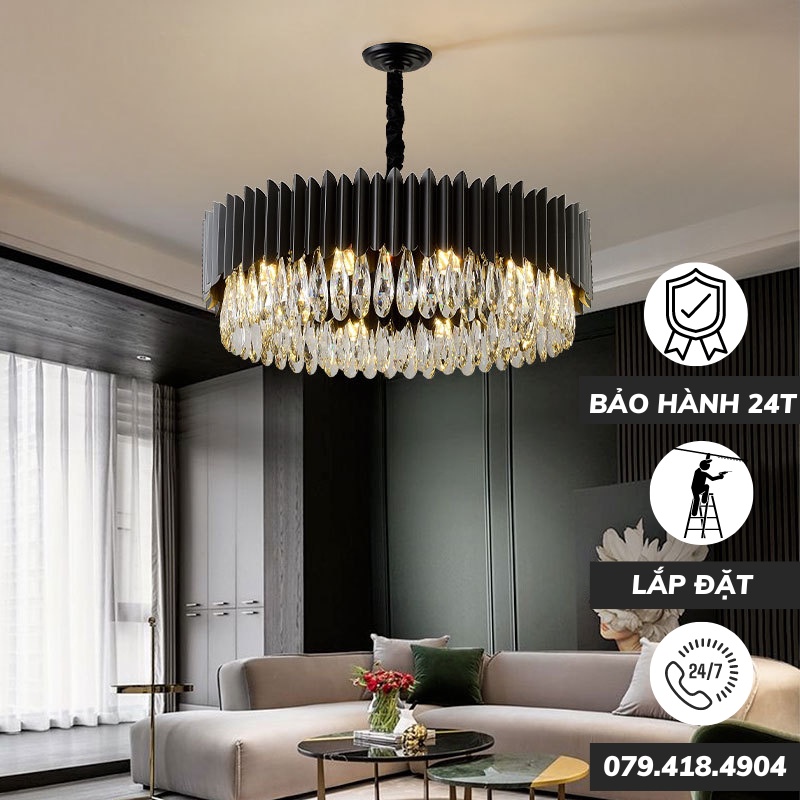 Đèn chùm thả trần Pha Lê k9 Đen Sang Trọng Hỗ trợ lắp đặt Trang trí Phòng Khách Phòng Bếp Cao Cấp BH 2 năm