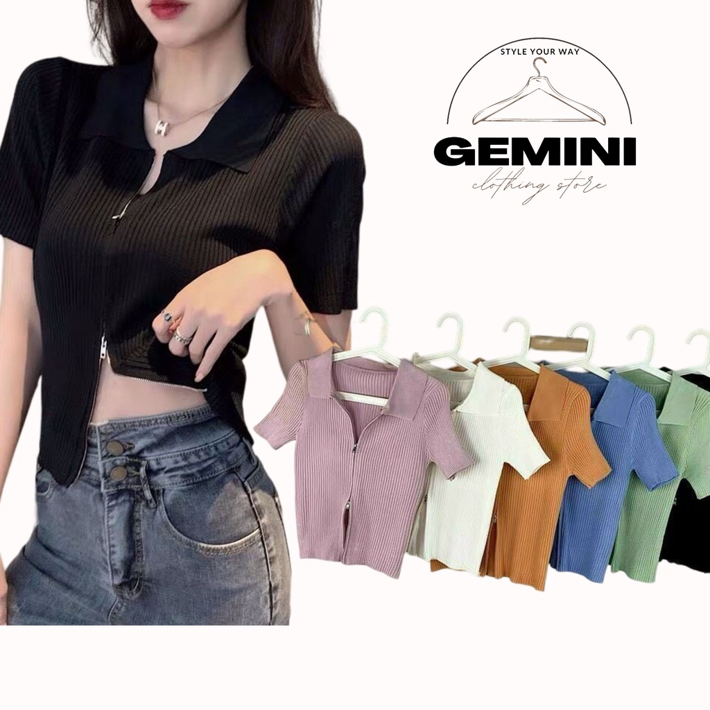 Áo len montoghi tay ngắn cổ bẻ phối khóa kéo phong cách retro cho nữ, hàng Quảng Châu, Gemini Clothing Store