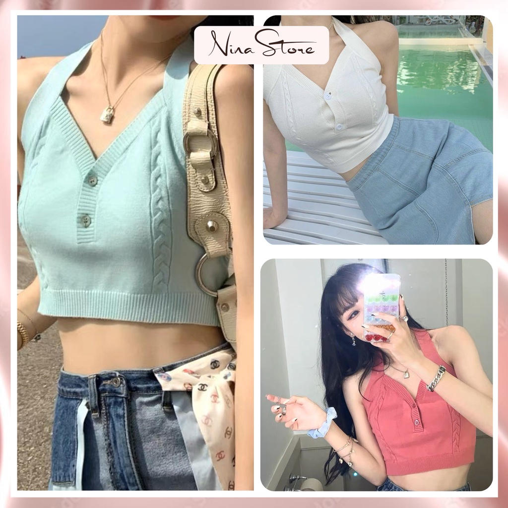 Áo len croptop dệt kim bra nữ không tay phối dây buộc cổ sexy nhiều màu đi chơi đi biển NinaStore