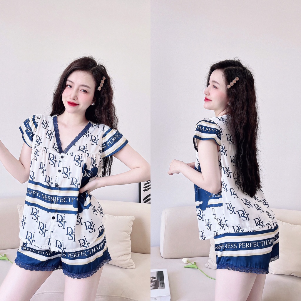 Đồ Bộ Mặc Nhà Nữ Quần Đùi + Áo Cánh Tiên Cổ V Viền Ren Lụa Latin In 3D_Ngân Boutique Đồ Ngủ Pijama