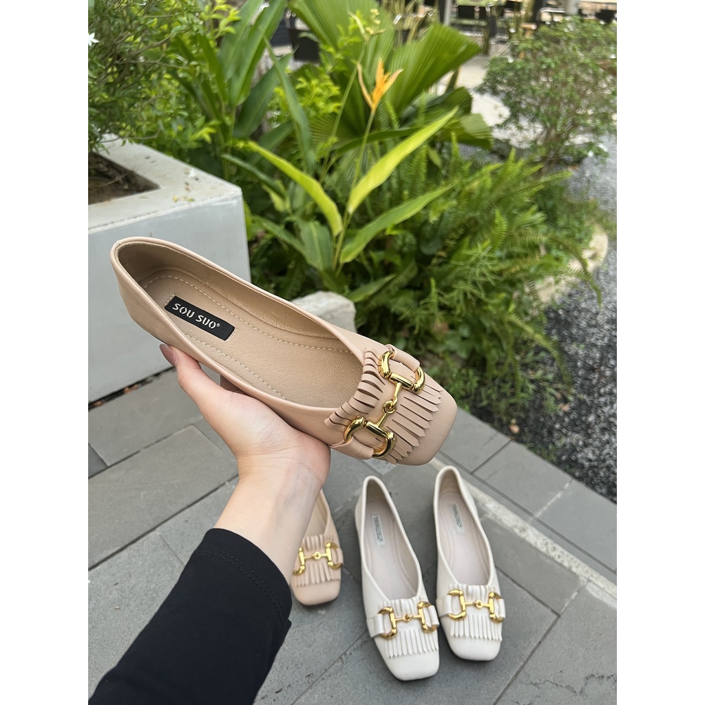 GIÀY BÚP BÊ MŨI VUÔNG QUAI XÍCH PHỐI TUA QUẢNG CHÂU CAO CẤP