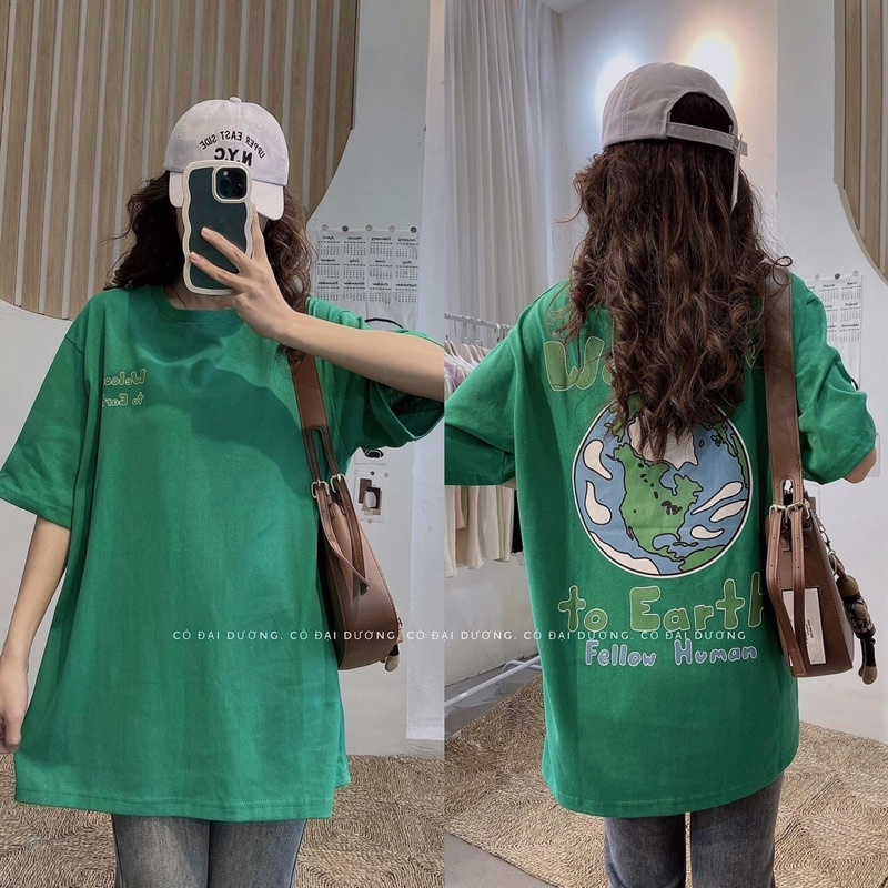 Áo thun cotton tay lỡ dáng rộng unisex - địa cầu
