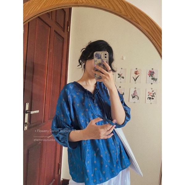 Áo bò hoa nhí denim babydoll dáng rộng trùm mông (ảnh thật tự chụp)