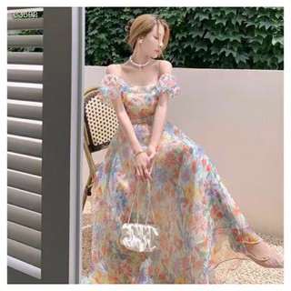 Đầm maxi hoa rớt vai hở lưng