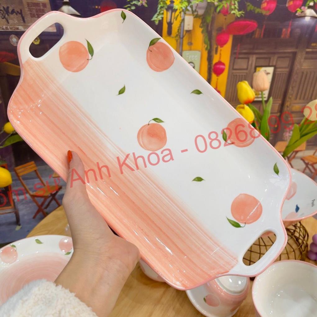 Siêu Sale - Bát Đĩa Gốm Sứ Decor, Bát Ăn Cơm, Bát Ăn Chè, Chén Dĩa Dễ Thương Bộ Đào Hồng 14 Món Xinh Yêu Cho Gia Đình