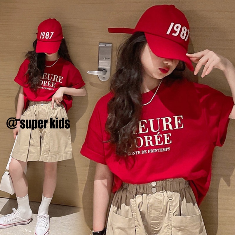 SUPER KIDS Áo Thun cotton Tay Ngắn In Chữ Màu Đỏ Phong Cách Hàn Quốc Thời Trang Mùa Hè Mới Cho Bé Gái