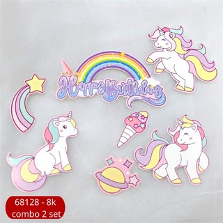 Set que giấy- HPBD 5 unicorn + cầu vồng kem