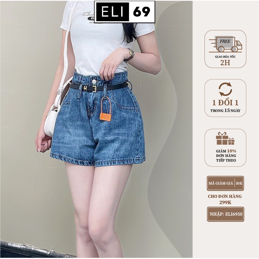 Quần Short Jean Nữ Eli69 Chữ A Ống Rộng Lưng Cao Vải Denim Mềm Mịn Phong Cách Hàn Quốc Tôn Dáng M8403
