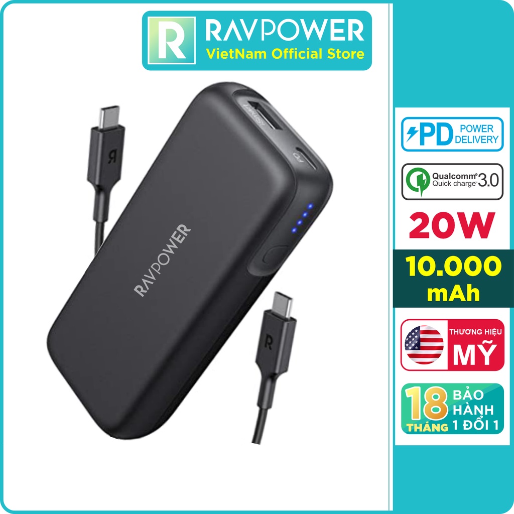 Pin Sạc Dự Phòng 10000mAh Nhỏ Gọn RAVPower RP-PB186 Type C PD 20W, QC 3.0 Kèm Cáp Type C to C 60W - Hàng Chính Hãng