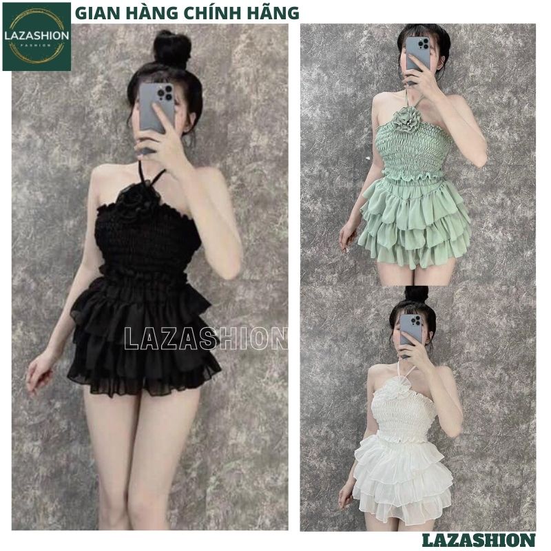 Set váy voan tơ xòe tầng kèm áo ống cổ yếm đính hoa cực sexy, Bộ 2 món áo quây kèm chân váy điệu đà thời trang - LAZA