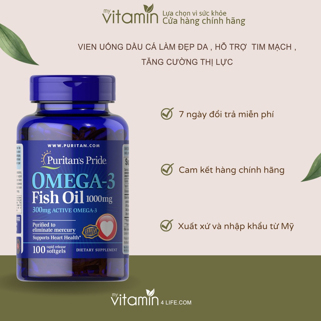 Viên uống dầu cá hỗ trợ làm đẹp da, tim mạch, tăng cường thị lực Puritan's Pride Omega 3 Fish oil 1000 mg