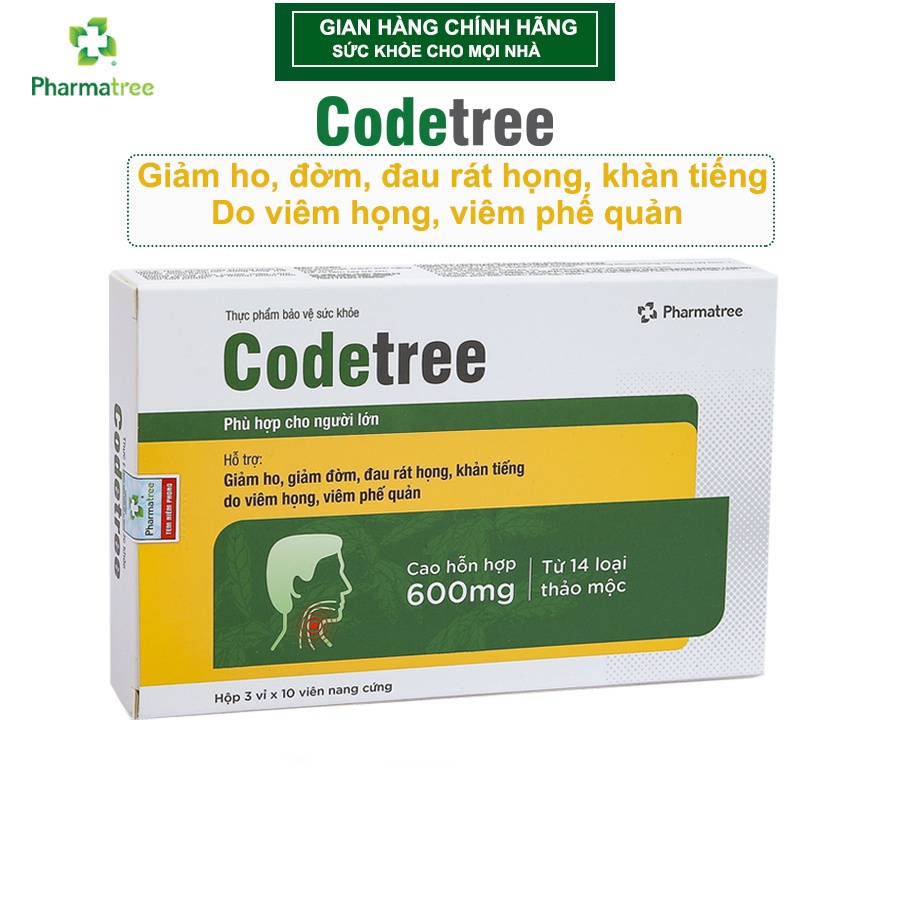 Viên uống giảm ho CODETREE Pharmatree hộp 30 viên - Hỗ trợ trị ho, giảm ho, tiêu đờm, đau họng, ngứa rát họng