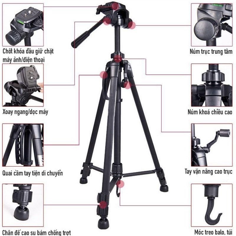 Gậy Tripod 3 chân cho điện thoại và máy ảnh 3366 dài 1m50  Thân Nhôm cao cấp