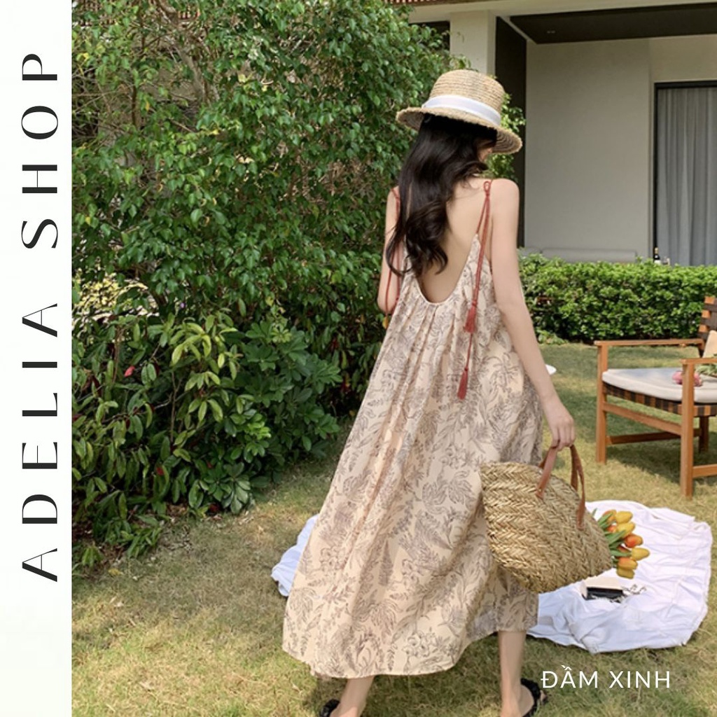 「ADELIA」Đầm Maxi 2 Dây Dáng Dài Hoa Nhí Khoét Lưng Tiểu Thư, Đầm 2 Dây Đi Biển Hàng Quảng Châu