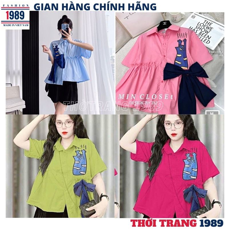 Áo sơ mi nữ babydoll lệch vạt gắn nơ in hình mèo xinh xắn dễ thương -THỜI TRANG 1989