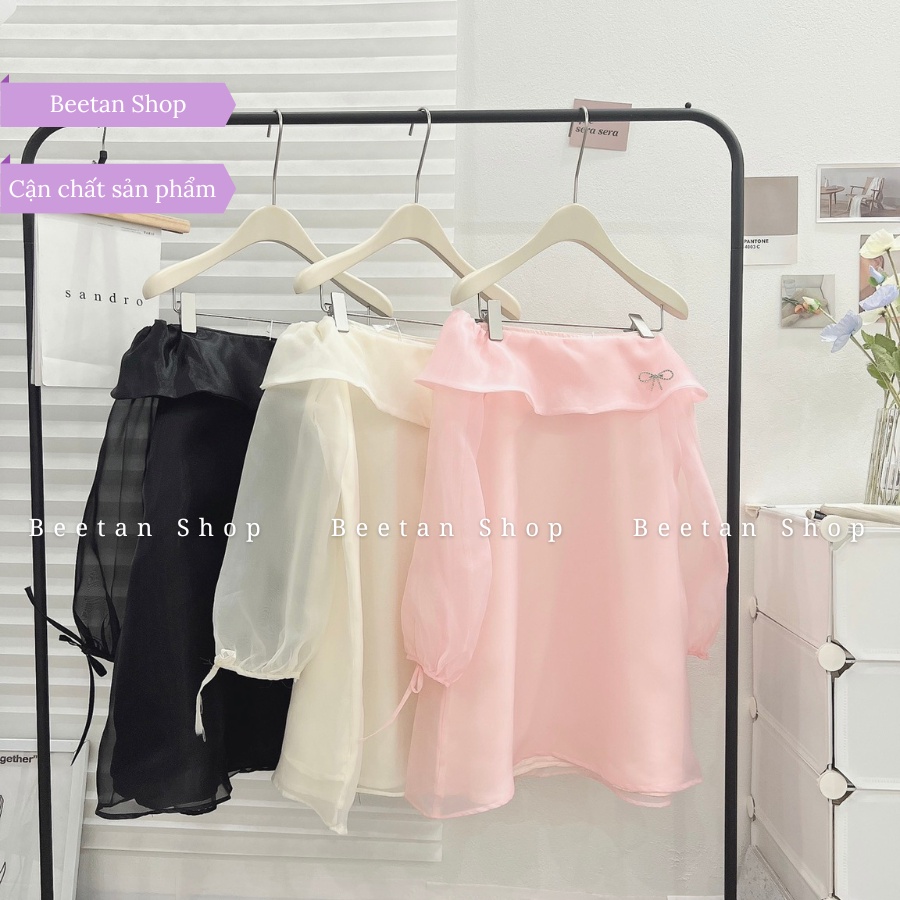 Váy trễ vai tơ kè tag nơ đá tiểu thư dài tay dáng xòe - Đầm trễ vai tơ óng D41