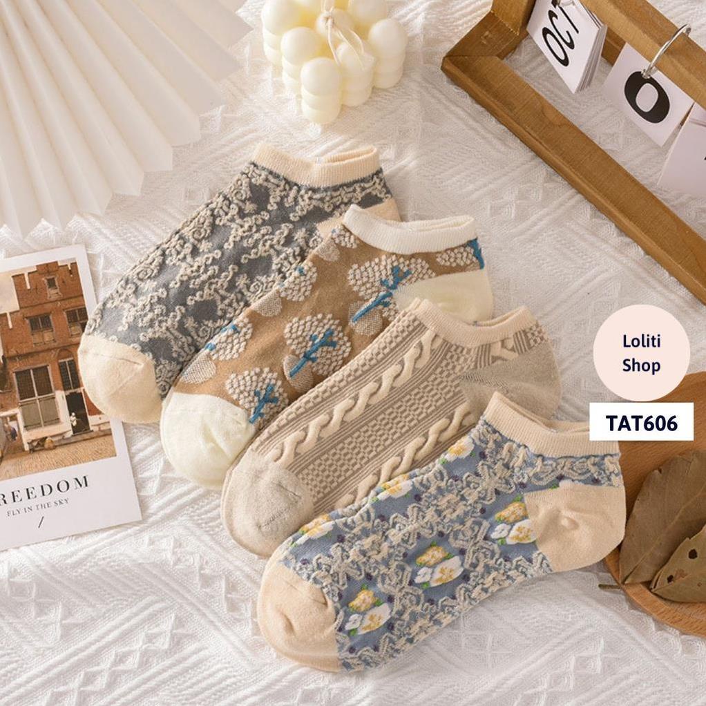 Tất vớ nữ cổ ngắn cao cấp thêu họa tiết cổ điển, chống trượt thoáng khí LOLITI TAT606