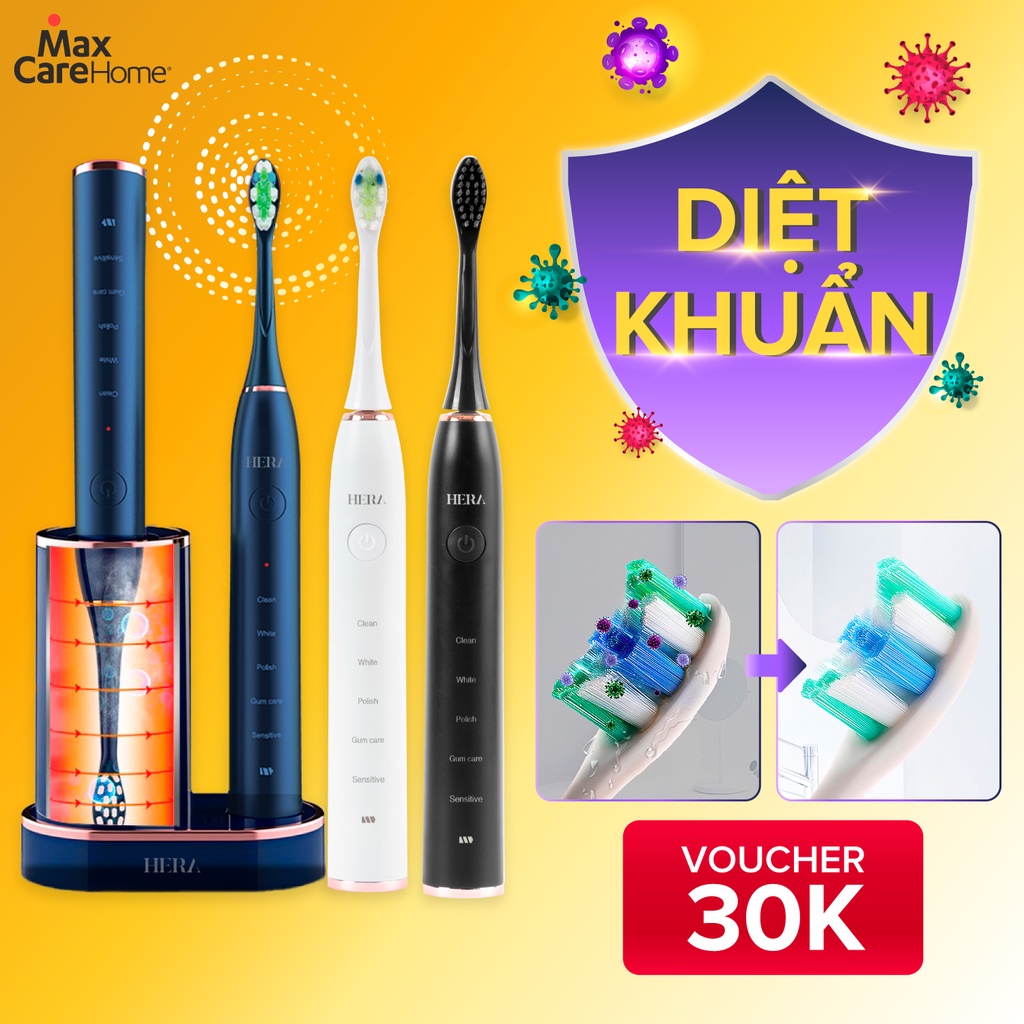 Bàn Chải Điện DIỆT KHUẨN Maxcare Hera Whitening - Sấy Khô TIA UV, Cảm Biến Massage Nướu, Rung Sóng Âm Sonic - Nhật