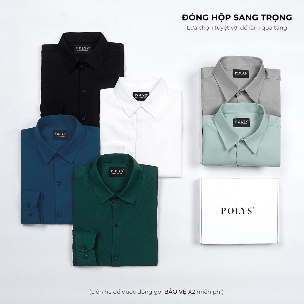 Áo sơ mi nam tay dài POLYS Fullbox, Vải Chéo dày dặn, co giãn, thoáng khí. Áo sơ mi trơn cổ bẻ dài tay 6 màu LONG SLEEVE