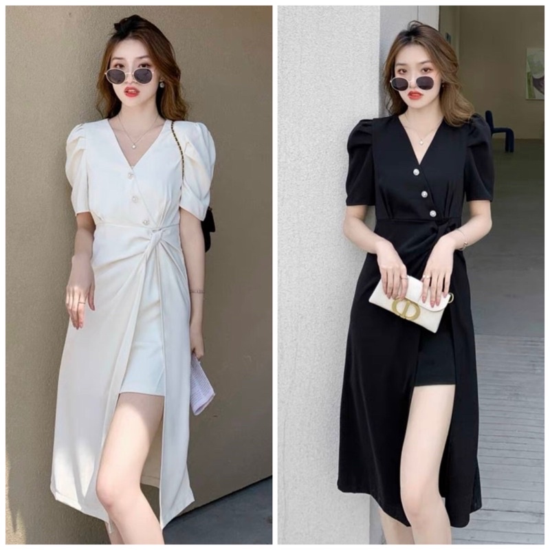 Đầm váy freesize nút xéo xoắn eo 2 màu