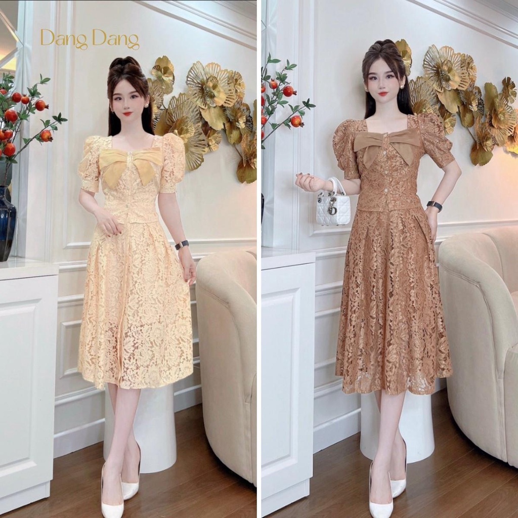 Bộ đồ ren DANG DANG áo cộc tay nơ + chân váy xếp ly cao cấp