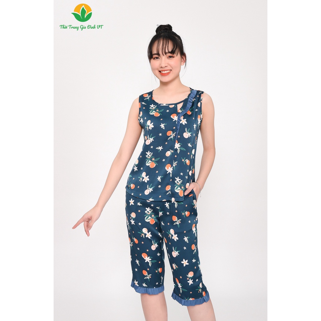 Bộ mặc nhà nữ mùa hè Việt Thắng, quần lửng, áo sát nách, chất Lụa hoa - B45.2301