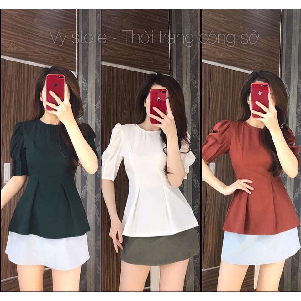 Áo Công Sở Tay Phồng Xếp Ly, Eo Peplum