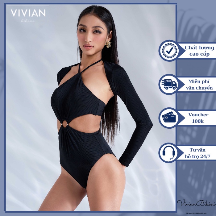 Đồ bơi nữ cao cấp 𝐕𝐈𝐕𝐈𝐀𝐍 dạng một mảnh yếm phối áo tay dài cover - Đen - VS187_BL