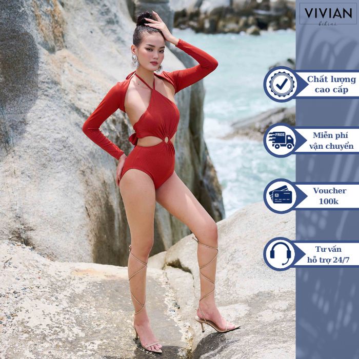 Đồ bơi nữ cao cấp 𝐕𝐈𝐕𝐈𝐀𝐍 dạng một mảnh yếm phối áo tay dài cover - màu Nâu - VS187_BR