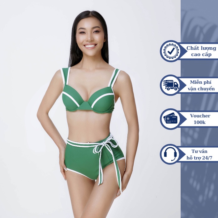 Đồ bơi nữ BIKINI PASSPORT dạng �hai mảnh lưng cao áo gọng, phối đường cách điệu - Xanh lá cây - BS419_GN