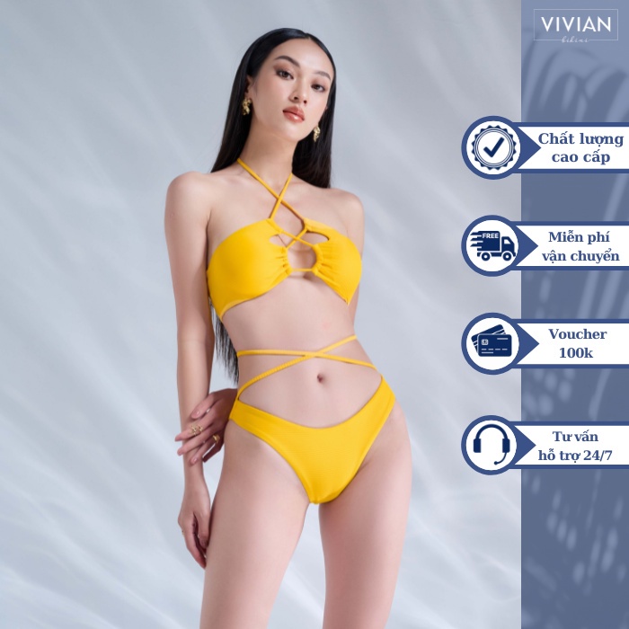 Đồ bơi nữ cao cấp 𝐕𝐈𝐕𝐈𝐀𝐍 dạng hai mảnh áo ống phối dây tạo hình - Vàng - VS186_YL