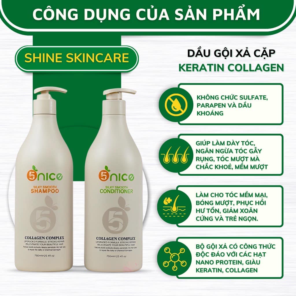 Dầu gội xả phục hồi tóc hư tổn chống gàu keratin collagen 5 NICE 5nice 750ml