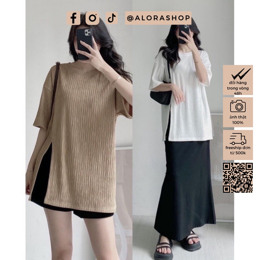 Áo phông nhăn xẻ tà dáng rộng dấu quần tay lỡ free size trắng, nâu, đen thời trang nữ Alora
