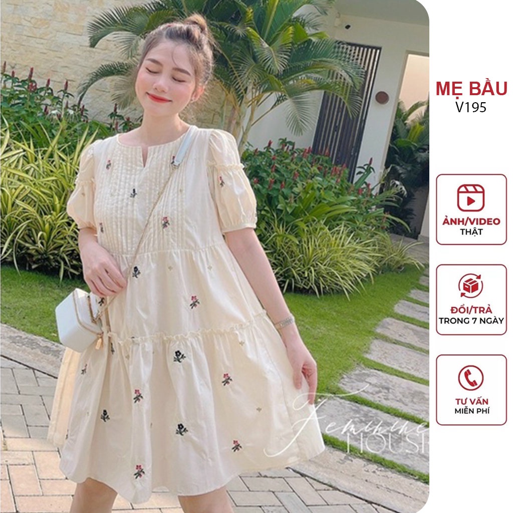 VÁY BẦU CÔNG SỞ ĐẸP SANG CHẢNH - ĐẦM BẦU BABYDOLL TIỂU THƯ SANG CHẢNH DÁNG SUÔNG HỌA TIẾT HOA NHÍ MEBAUU V195