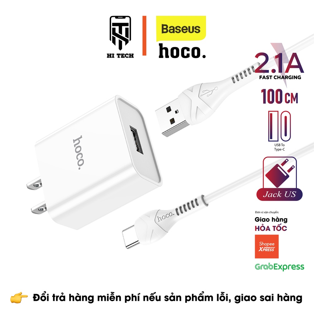 Bộ sạc nhanh HOCO C81, sạc nhanh 2.1A đầu ra USB đơn kèm theo cáp cho thiết bị Type-C, phích cắm tiêu chuẩn US cáp 1m.