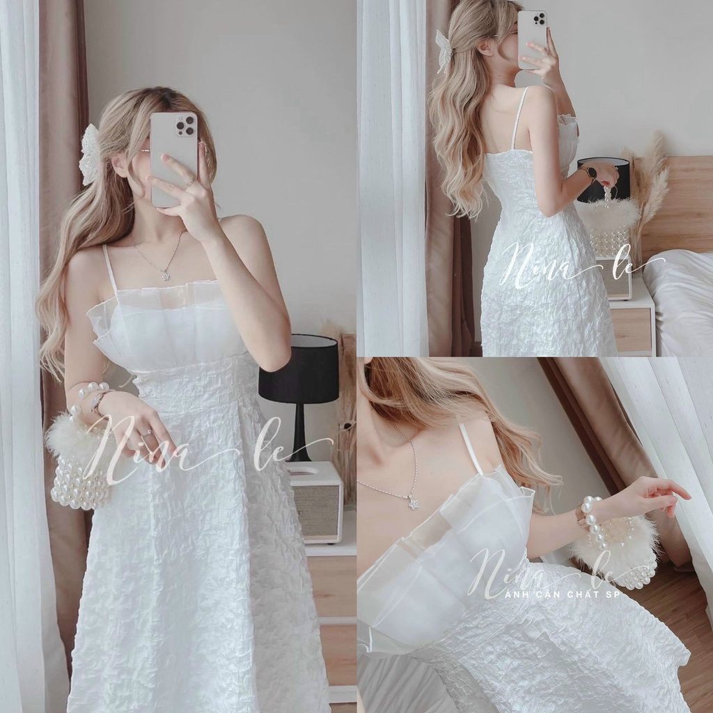 Đầm nữ xốp 2 dây phối voan kiếng 2 lớp với màu trắng tinh khôi dễ thương dành cho các tình yêu dự tiệc