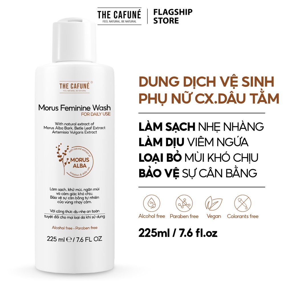 Dung Dịch Vệ Sinh Phụ Nữ Morus Feminine Wash The Cafuné, Chiết Xuất Dâu Tằm, Dưỡng Ẩm, Ngăn Mùi, Ngừa Khuẩn 225ml