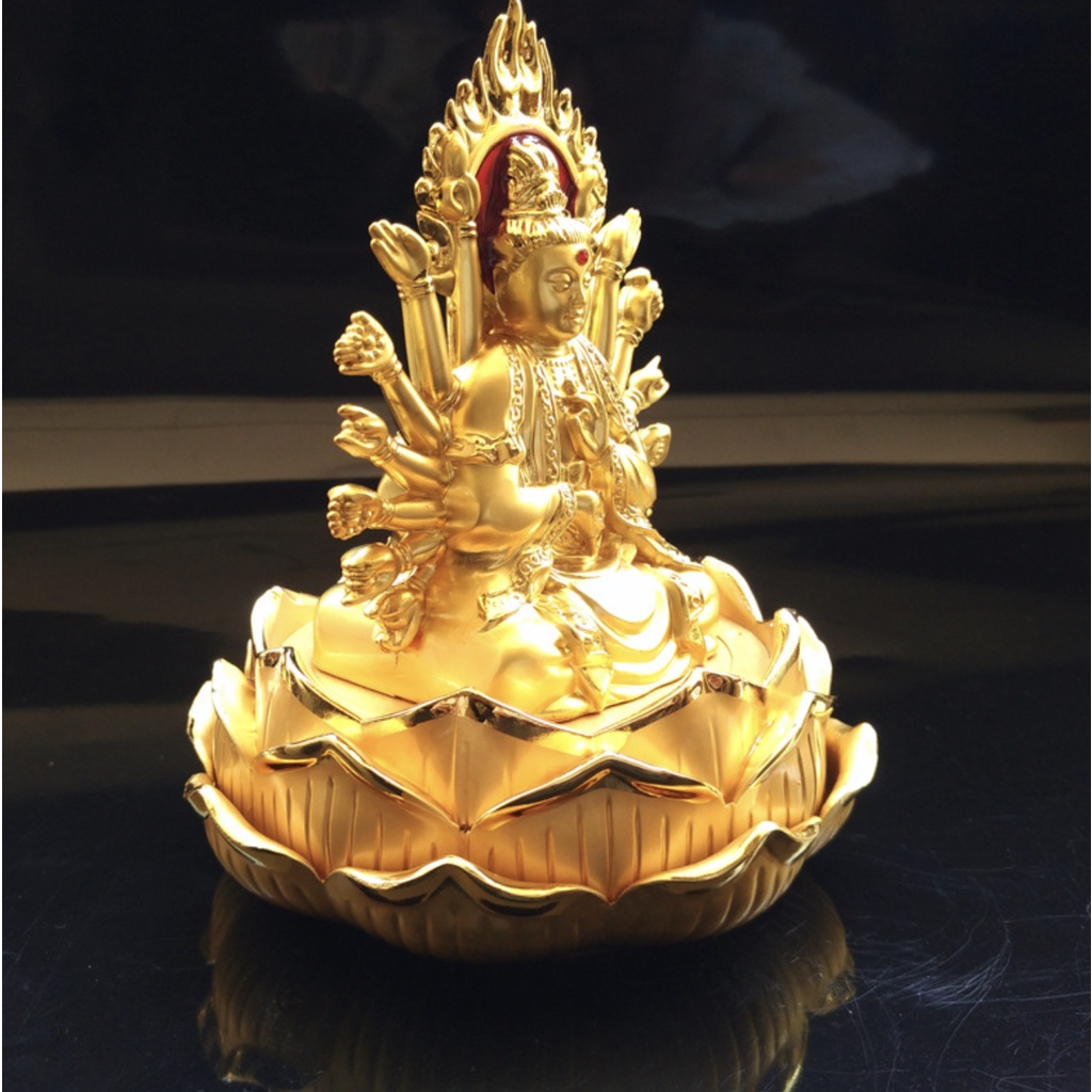 Tượng Phật Bà Quan Âm Nghìn Tay Hai Mặt Trang Trí Taplo Xe Hơi, Bàn Làm Việc Mạ Vàng