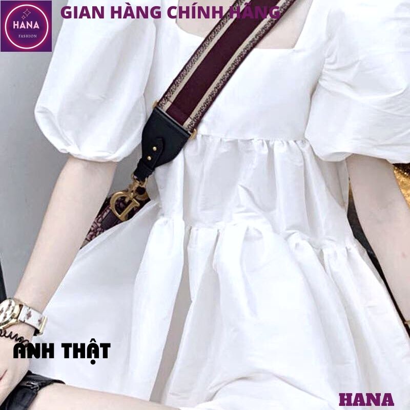 Váy babydoll trắng cổ vuông tay bồng dáng rộng, Đầm xòe nữ tiểu thư dáng ngắn phong cách hàn quốc ulzzang - HANA