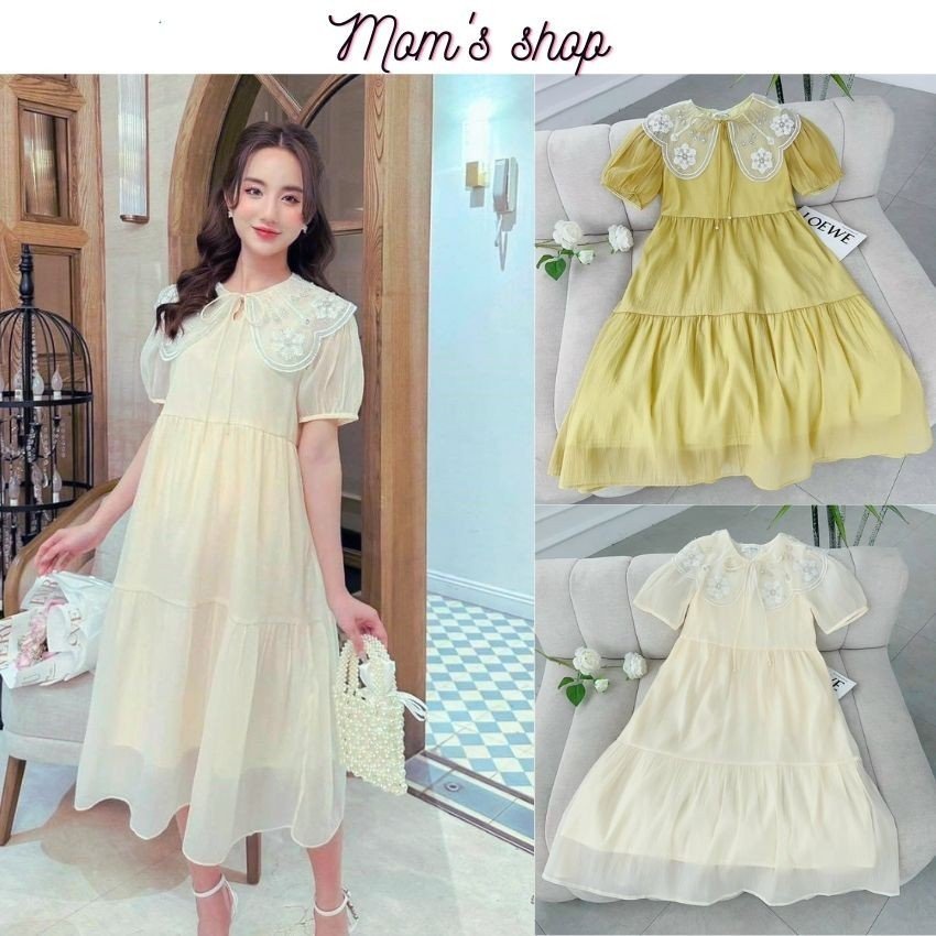 Đầm bầu cổ bèo cách điệu chất voan tơ - Mom's Shop - Váy nữ dáng rộng tiểu thư công chúa đi tiệc, đi chơi cực xinh