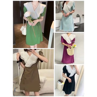 Đầm Phối Màu Đắp Vạt Thắt Dây Eo Phong Cách