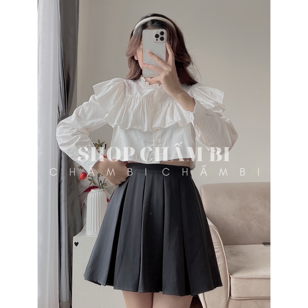 Áo sơ mi nữ dài tay A.439, Áo kiểu dáng croptop bèo vai cổ trụ bánh bèo cực xinh - Thời trang nữ Chấm Bi | BigBuy360 - bigbuy360.vn