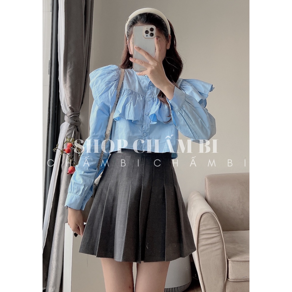 Áo sơ mi nữ dài tay A.439, Áo kiểu dáng croptop bèo vai cổ trụ bánh bèo cực xinh - Thời trang nữ Chấm Bi | BigBuy360 - bigbuy360.vn