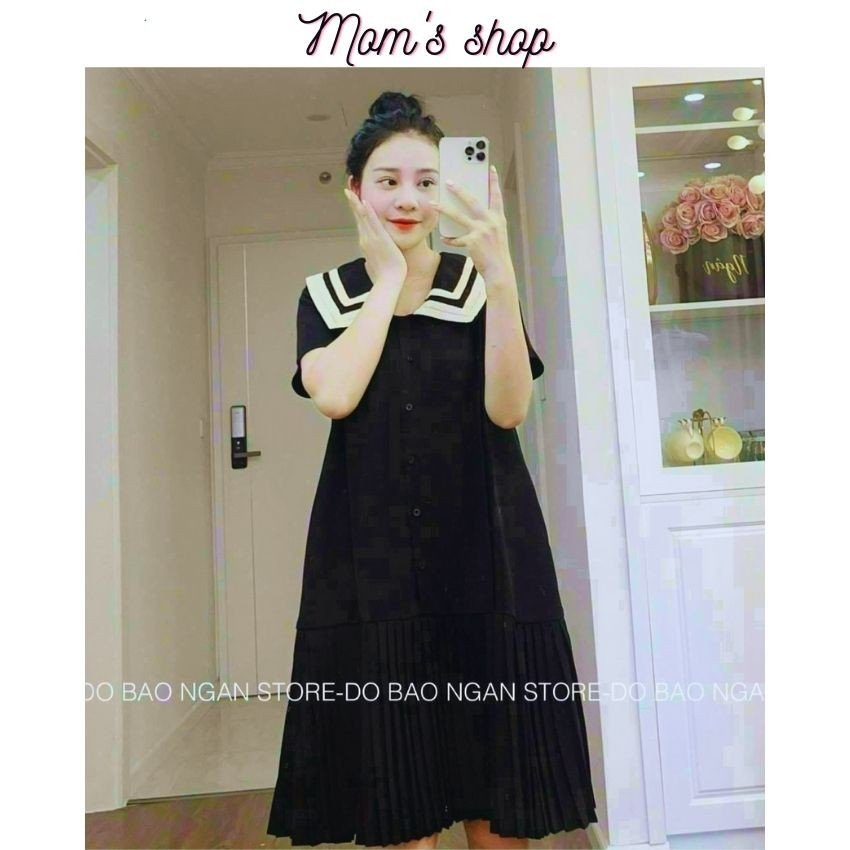 Váy bầu cổ ren chân váy xếp ly - Mom's Shop - Đầm nữ dáng suông dễ mặc, chất thô mềm thoải mái - ẢNH