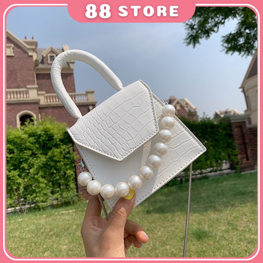 Túi xách nữ mini, túi đeo chéo phối quai ngọc nhân tạo ,88store (TX0003)